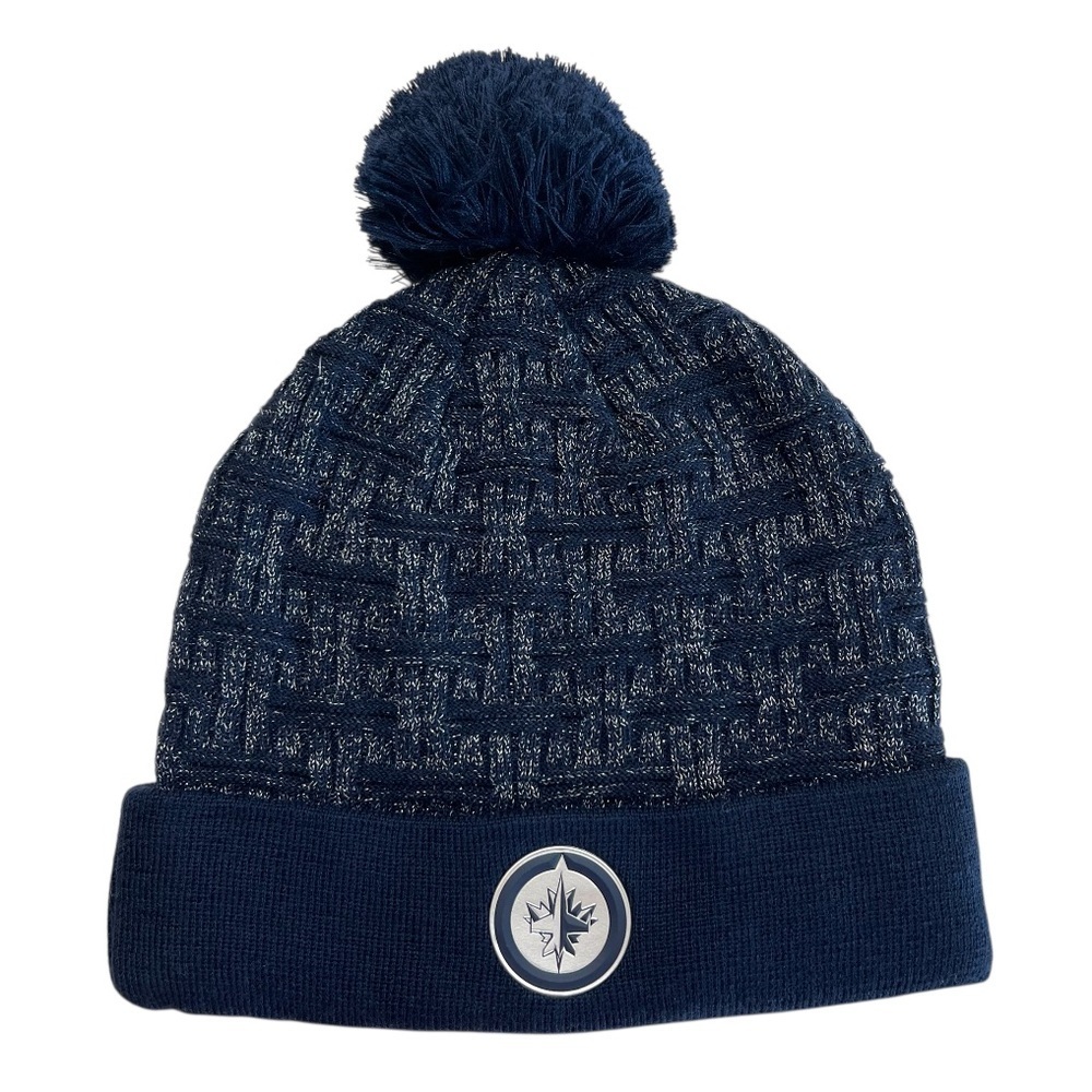 Winnipeg Jets NHL Navy Knit Beanie Pom Hat Metallic Silver One Size NWT
